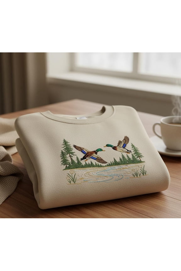 Nature Scene Sweatshirt, Embroidered Flying Ducks Over Lake and Pines, Outdoor Wildlife Crewneck, Hunter Gift, Cozy Sweater