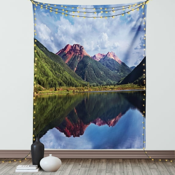 Nature Scene Tapestry, Red Iron Peaks over Calm High Mountain Lake Colorado Nature Americana Photo, Wall Hanging for Bedroom Living Room Dorm Decor, 40W X 60L Inches, Multicolor, by Ambesonne