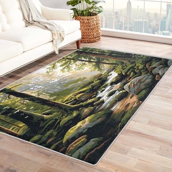 Nature Scene Throw Rug, Washable Forest Landscape Rugs For Entryway Bedroom Kitchen, River Lake Area Rug For Home Decor, Non Slip Backing Indoor Floor Mat Carpet 1x2ft