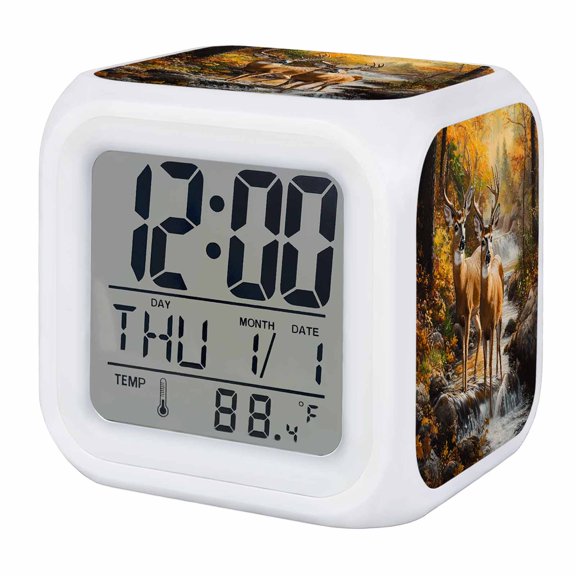 Nature Scenery Alarm Clock, Forest Deer Waterfall Plant Digital Clock Night Light with 7 Color, Calendar Temperature Display, LED Desk Small Clock for Bedrooms Bedside Living Room