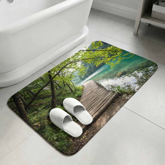 Nature Scenery Bathroom Rugs Non Slip Washable Bath Mat Absorbent Front Door Mat Forest Walkway Lake Trees Spring View Indoor Doormat for Kitchen Entryway Shower Decor Accessories 15.7"x23.6"