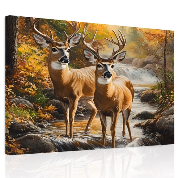 Nature Scenery Canvas Print Wall Art, Forest Animal Deer Waterfall Plant Wall Decor Modern Artwork Paintings Pictures for Living Room Framed and Stretched Ready to Hang, 24" x 32"