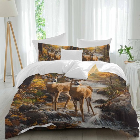 Nature Scenery Comforter Set Queen Size, Forest Animal Deer Waterfall Plant Soft Bedding Set for Man Woman, 4 Pieces Duvet Cover Set with Fitted Sheet, 2 Pillowcases