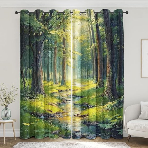Nature Scenery Curtains for Living Room, Woodland Trees Blackout Curtains for Bedroom, Green Forest Window Treatments Grommet Drapes 53"W x 84"L (Pack of 2)