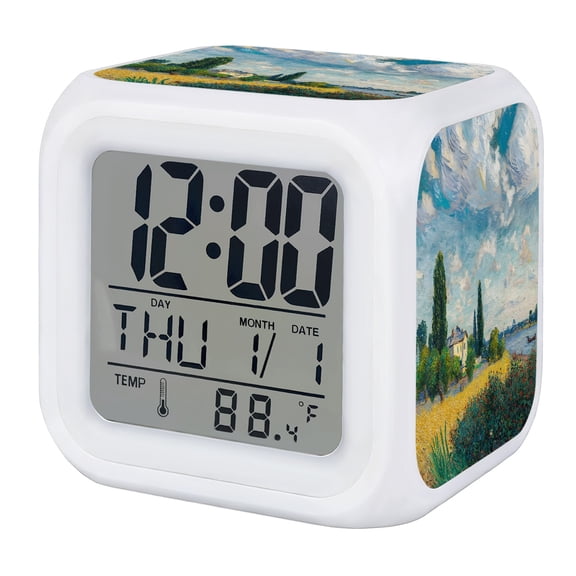 Nature Scenery Digital Alarm Clock for Bedrooms,Smart LED Alarm Clock with 7 Color Changing Night Light,Farmhouse Country House Trees River Sky Silent Wake Up Clocks for Sleep Study Cooking 3.2"x3.2"