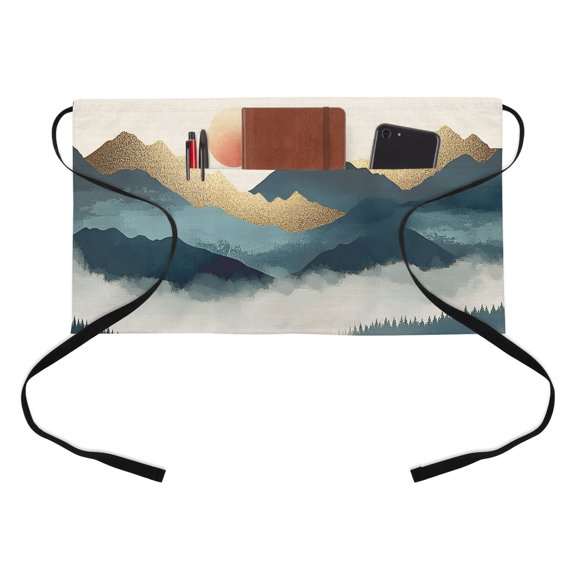Nature Scenery Kitchen Restaurant Half Waist Apron, Forest Sun Server Short Apron with 3 Pockets Waterproof Oil Waist Aprons for Women Waitress Waiter