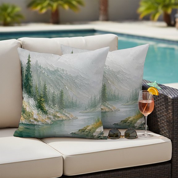 Nature Scenery Outdoor Pillow Covers 20x20 Inch Throw Pillow Covers Set of 2 Waterproof Decorative Pillow Cases Mountain Forest Trees River Oil Painting Cushion Covers for Patio Furniture Garden