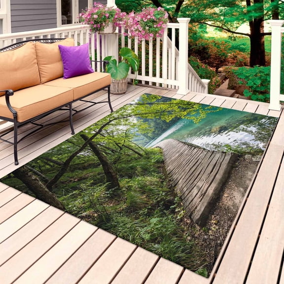 Nature Scenery Outdoor Rug for Patio/Deck/Porch, Non-Slip Large Area Rug 4 x 6 Ft, Forest Walkway Lake Trees Spring View Indoor Outdoor Rugs Washable Area Rugs, Reversible Camping Rug Carpet Runner