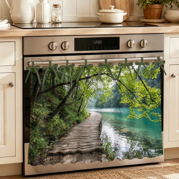 Nature Scenery Oven Curtain with Tie Top,Oven Skirt Curtain for Kitchen,Forest Walkway Lake Trees Spring View Under OvenCover Panel for Dust & Grease,Apartment RV Cabinet Curtains 27''x20''