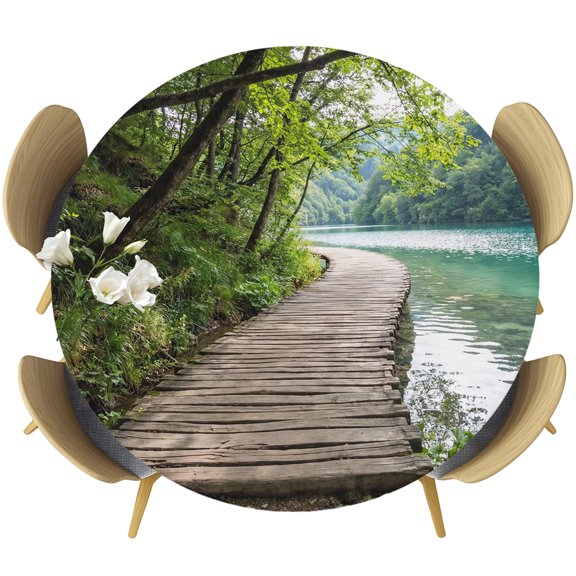 Nature Scenery Round Tablecloth 36-44 Inch Round Fitted Table Cloth with Elastic Edge, Forest Walkway Lake Trees Spring View Waterproof Table Cover Protector for Outdoor Picnic Party Dining