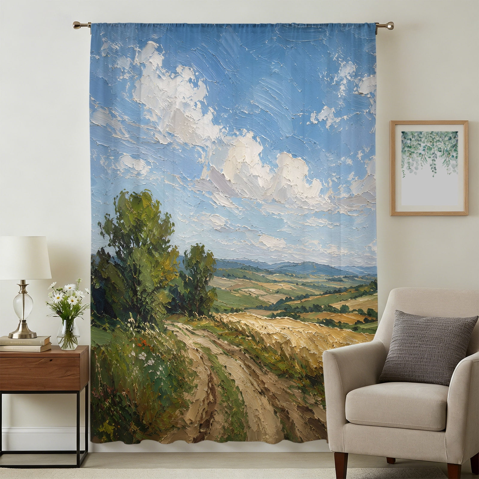 Nature Scenery Sheer Curtains 54 Inches Long, Rural Country Path Field