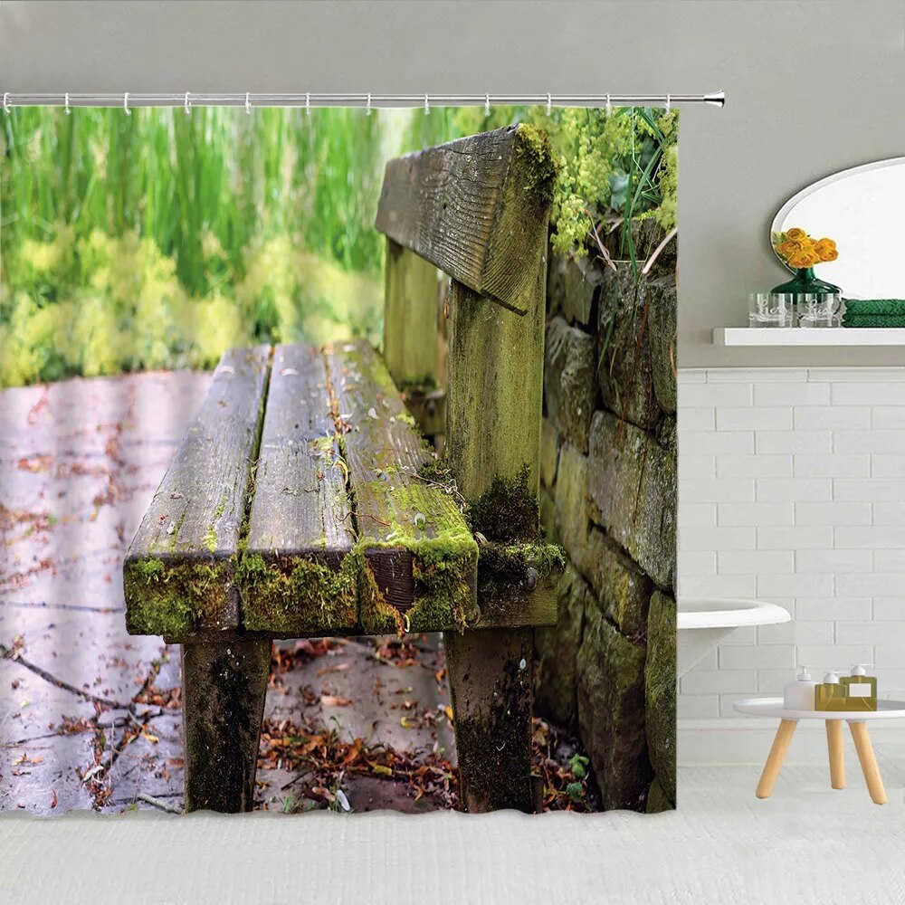 Nature Scenery Shower Curtain Forest Waterfall Mountain Lake Green