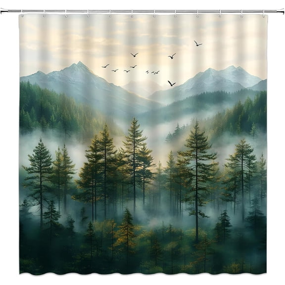 Nature Scenery Shower Curtain,Green Forest Pine Rustic Outdoor Landscape Fabric Curtain with Hooks-60"W x 72"L (Pack of 1)