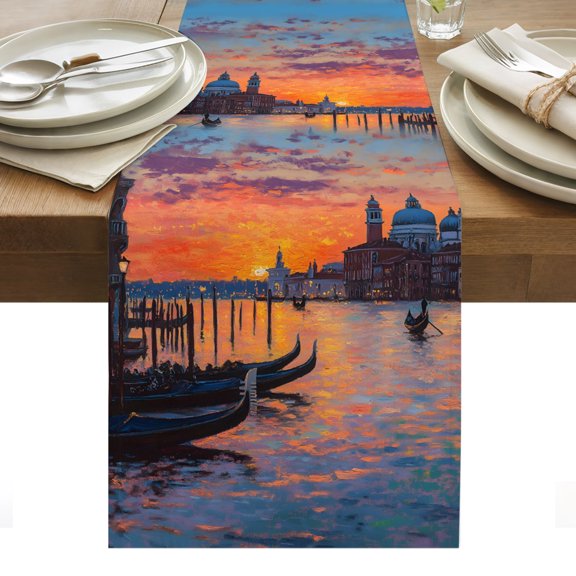 Nature Scenery Table Runner Farmhouse City View Sunset Classic House Tablerunners 13 x 90 Inch, Table Decorations Tabletop Scarf for Summer Gathering Holiday Farmhouse Kitchen Dining Decor
