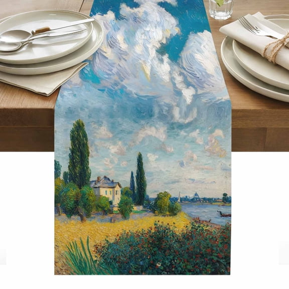 Nature Scenery Table Runner Farmhouse Country House Trees River Sky Tablerunners 13 x 36 Inch, Table Decorations Tabletop Scarf for Summer Gathering Holiday Farmhouse Kitchen Dining Decor