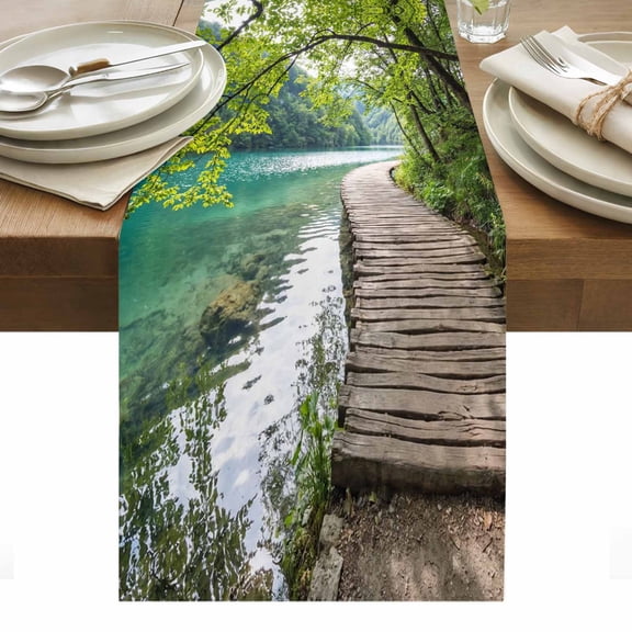 Nature Scenery Table Runner Forest Walkway Lake Trees Spring View Tablerunners 13 x 36 Inch, Table Decorations Tabletop Scarf for Summer Gathering Holiday Farmhouse Kitchen Dining Decor