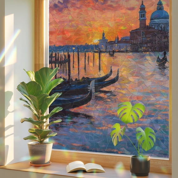 Nature Scenery Window Privacy Film Rainbow Static Cling Stain Glass Window Film for Glass Door, Decorative Sunroof Decal Sticker for Car 29.5"x118" Farmhouse City View Sunset Classic House