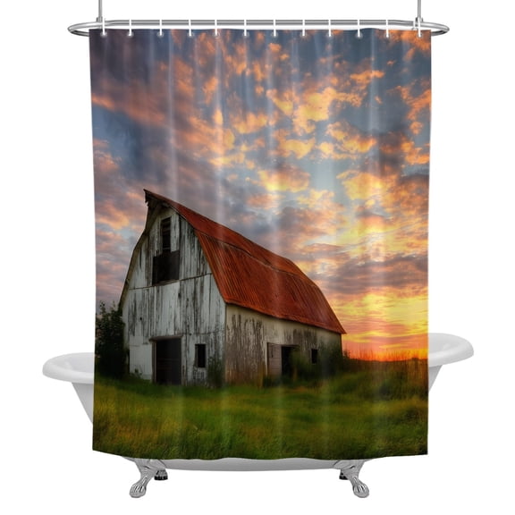 Nature Scenic Shower Curtain, Country Sunset Clouds Red Barn Waterproof Fabric Bathroom Shower Curtains Set with Hooks, 72 X 72 Inch Long
