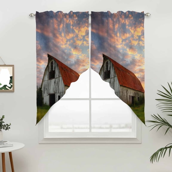Nature Scenic Swag Valances for Windows, Country Sunset Clouds Red Barn Rod Pocket Short Curtains, Machine Washable Kitchen Window Topper for Bathroom Living Room, 28 x 36 Inch, 1 Pair
