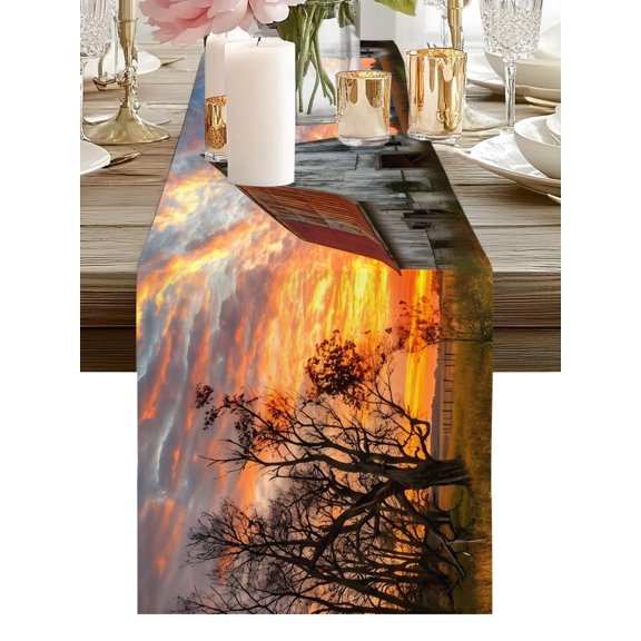 Nature Scenic Table Runners 36 Inches Long Country Barn Sunset Clouds Kitchen Dining Table Runner Dresser Scarves for Party Coffee Holiday Party Decor