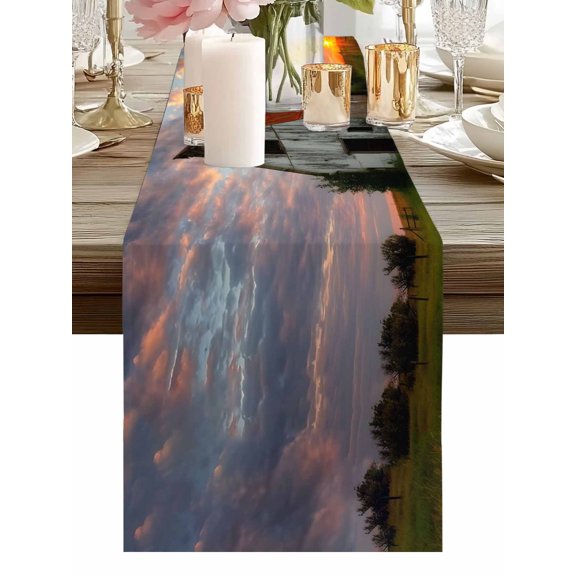 Nature Scenic Table Runners 36 Inches Long Country Sunset Clouds Red Barn Kitchen Dining Table Runner Dresser Scarves for Party Coffee Holiday Party Decor