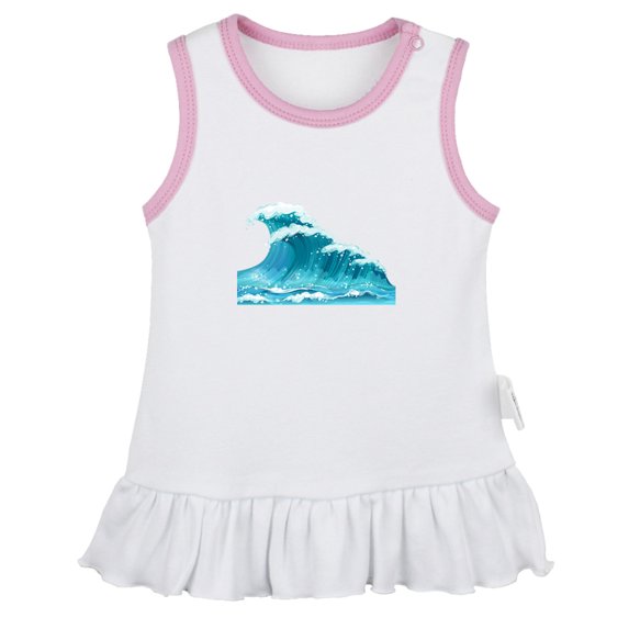 Nature Sea Wave Pattern Dresses For Baby, Newborn Babies Skirts, Infant Princess Dress, 0-24M Kids Graphic Clothes (White Sleeveless Dresses, 12-18 Months)
