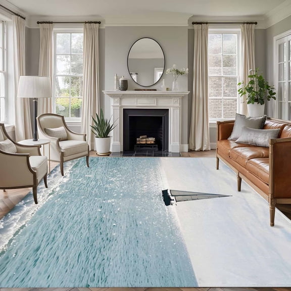 Nature Seascape 8x10 Area Rugs for Living Room, Sailboats Blue Waves Cloud Sky Ocean Surface Non Slip Floor Mat Washable Low-Profile Indoor Carpet for Bedroom, Dining Room, Bathroom