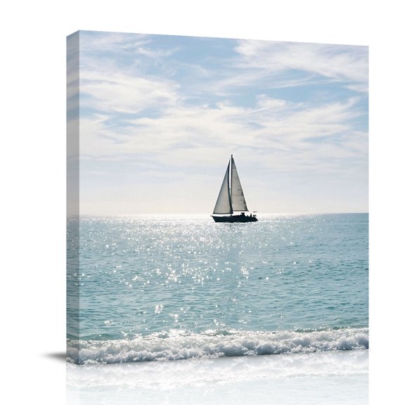Nature Seascape Canvas Wall Art for Living Room, Sailboats Blue Waves Cloud Sky Ocean Surface Poster Print Painting for Bedroom Office Home Decoration Wall Pictures Prepare To Hang 8"x8"