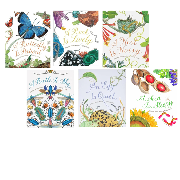 Nature Set : A Beetle Is Shy; A Nest Is Noisy; A Rock Is Lively; A Butterfly Is Patient; An Egg Is Quiet ; and A Seed Is Sleepy