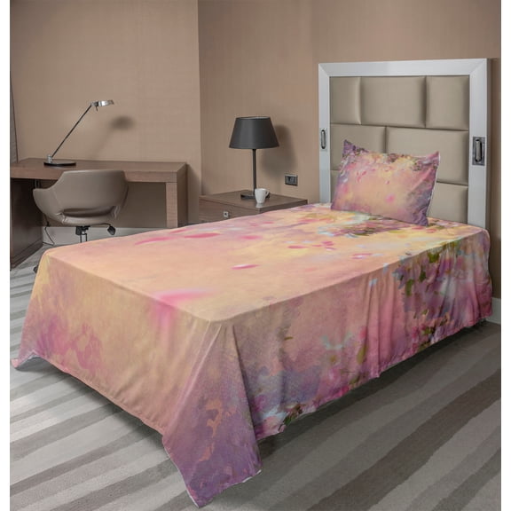 Ambesonne East Fitted & Top Sheet Set with Sham, Japanese Flourishing Spring, Peach Lavender