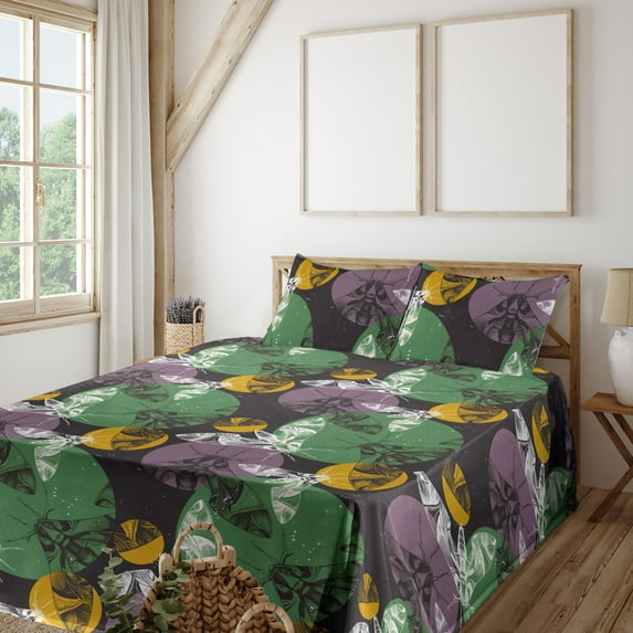 Ambesonne Nature Fitted & Flat Sheet with Shams 4 Pcs Set, Abstract Moth Sketchy Print, Full, Orange Pale Lilac
