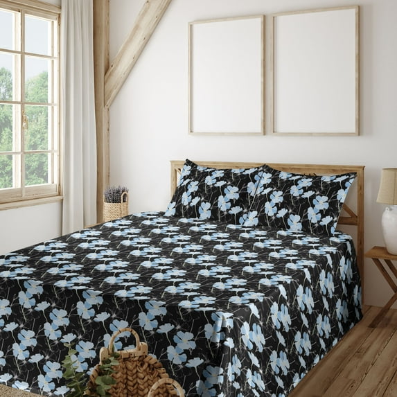 Ambesonne Nature Fitted & Flat Sheet with Sham 3 Pcs Set, Botany Jungle Flowers Print, Twin, Black White Soft Blue
