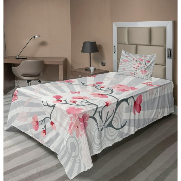Ambesonne Floral Fitted & Top Sheet Set with Sham, Birds on Cherry Tree, Pale Grey Pink