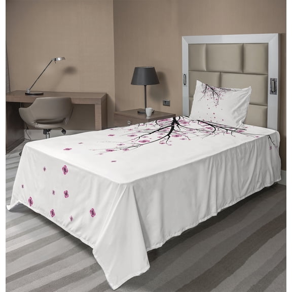 Ambesonne Floral Fitted & Top Sheet Set with Sham, Cherry Blossom Flower, Pink Black