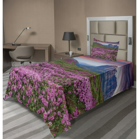 Ambesonne Landscape Fitted & Top Sheet Set with Sham, Mountain Village Fall, Pink Green