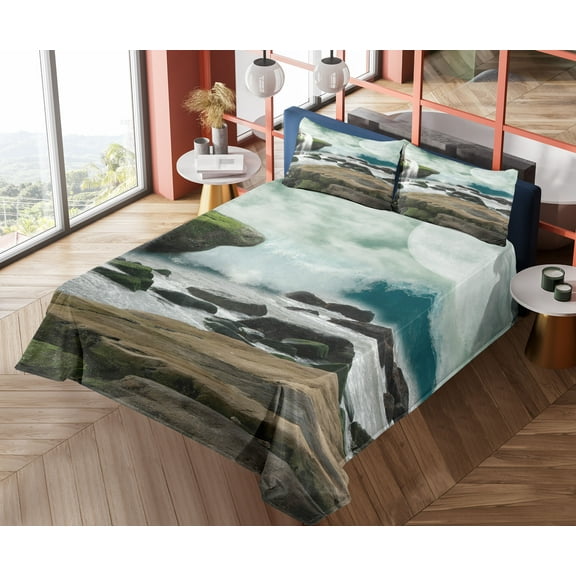 Ambesonne Nature Fitted & Top Sheet Set with Shams, Fantasy Waterfall Moon, Taupe Seafoam