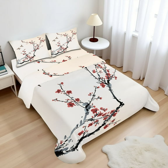 Ambesonne Floral Fitted & Top Sheet Set with Shams, Style Art Birds, Pale Maroon Black