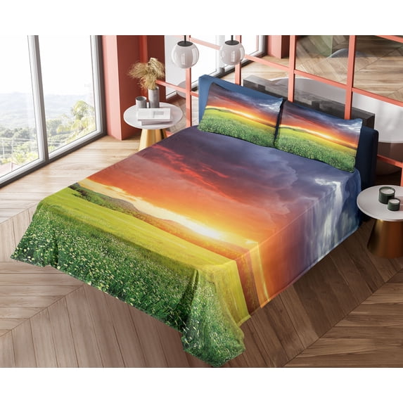 Nature Sheet Set, Horizon with Dark Storm Cloud Meadow with Sunset View Image Modern Design, Fitted and Flat Sheet with Pillowcases Bedding Accent 4 Piece Set, Calking, Multicolor, by Ambesonne
