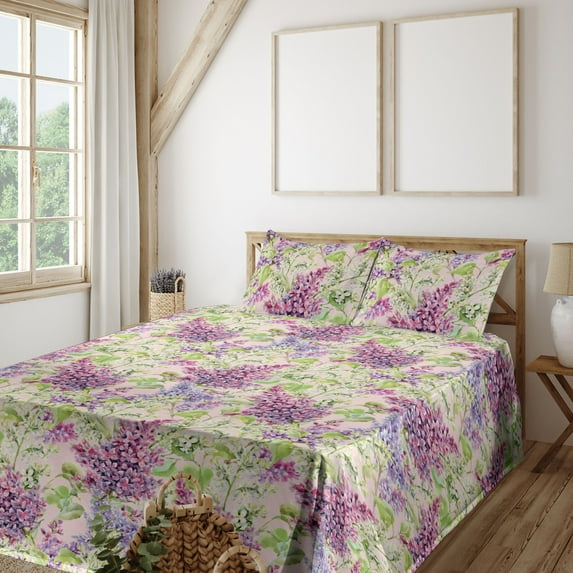 Ambesonne Nature Fitted & Flat Sheet with Shams 4 Pcs Set, Lilac Flowers Watercolor Art, Full, Pistachio Green and Pale Pink