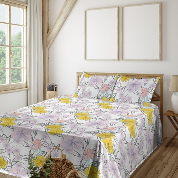 Ambesonne Nature Fitted & Flat Sheet with Shams 4 Pcs Set, Minimal Floral Motif Print, Full, Mustard and Pastel Purple
