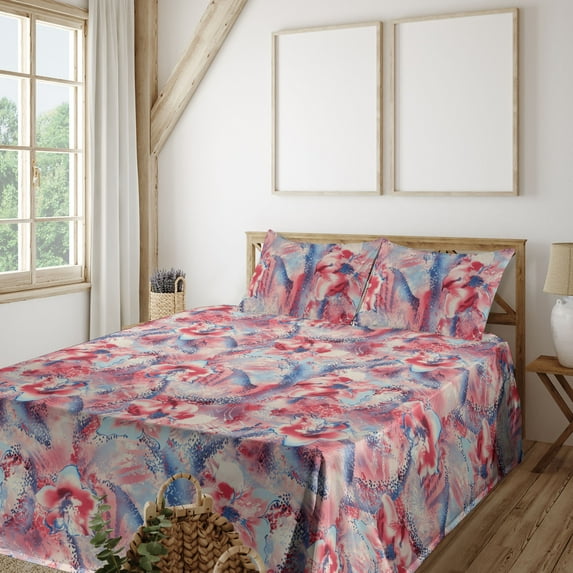 Ambesonne Nature Fitted & Flat Sheet with Shams 4 Pcs Set, Tropical Flowers Grungy Art, Calking, Dark Coral and Ceil Blue