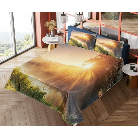 Ambesonne Colorful Fitted & Top Sheet Set with Shams, Tree Ukraine Rural, Multicolor