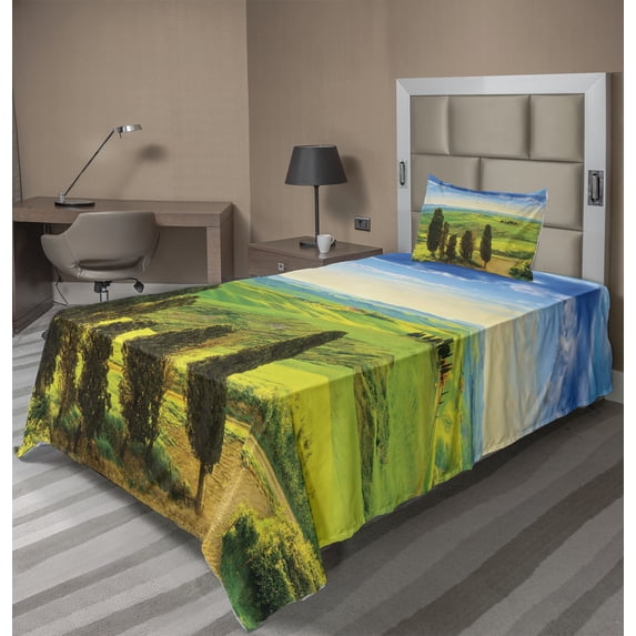 Nature Sheet Set, Rural Sunset in Italy Countryside Trees Fresh Meadows and Clear Sky Image Print, Fitted and Flat Sheet Pillowcase Bedding Accent 3 Piece Set, Twin XL, Blue Green, by Ambesonne