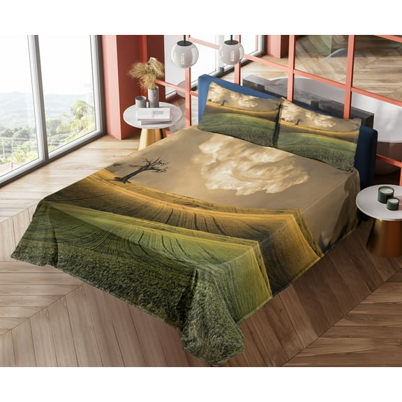 Ambesonne Colorful Fitted & Top Sheet Set with Shams, Landscape Sky Tree, Multicolor