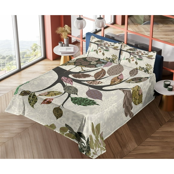 Ambesonne Nature Fitted & Top Sheet Set with Shams, Spring Floral Birds French, Brown and Beige