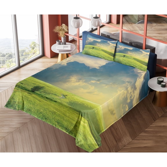 Nature Sheet Set, Summer Landscape the Grass Road Cloudscape and Rural Novelty View Image Print, Fitted and Flat Sheet Pillowcases Bedding Accent 4 Piece Set, Queen, Blue Green, by Ambesonne