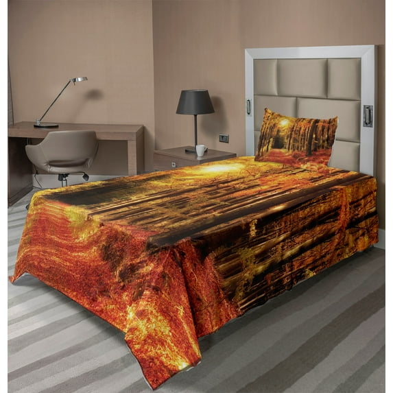 Ambesonne Nature Fitted & Top Sheet Set with Sham, Fall Trees at Sunset Woods, Orange and Yellow