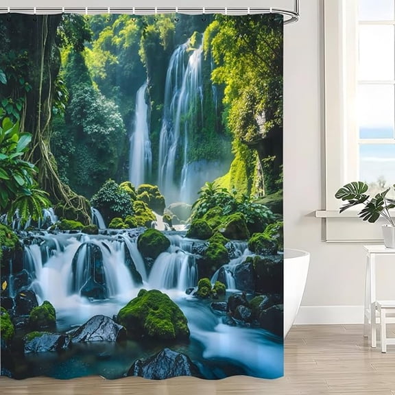 Nature Shower Curtain Flowing Stream Forest Waterfall Natural Landscape Green Trees Jungle Scenery Mossy Rocks Tropical Bath Decor Curtain With Hooks 65"W x 72"L