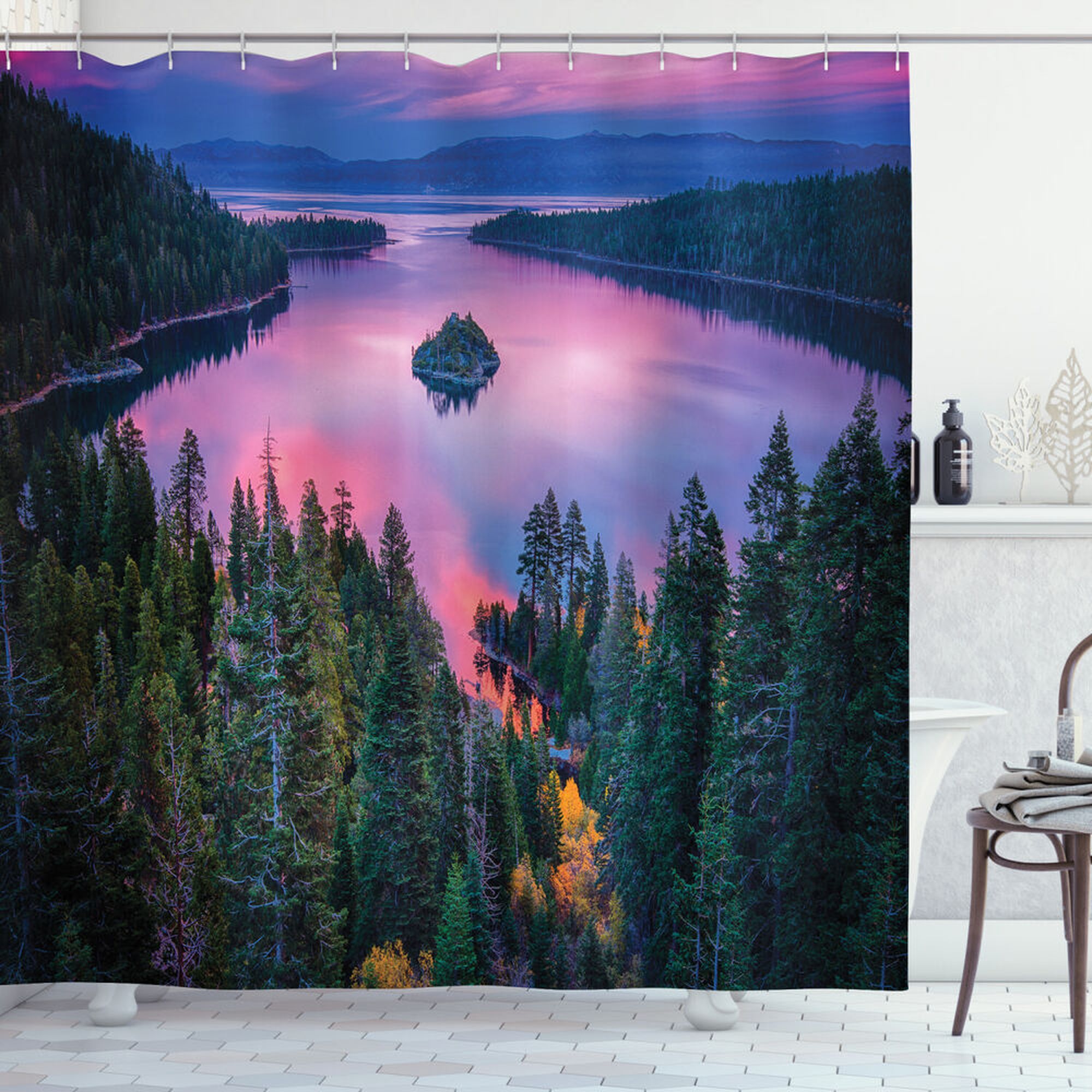 Mountain Lake View Bathroom Wall Reference: Nature Shower Curtain Forest And Lake View Print For Bathroom