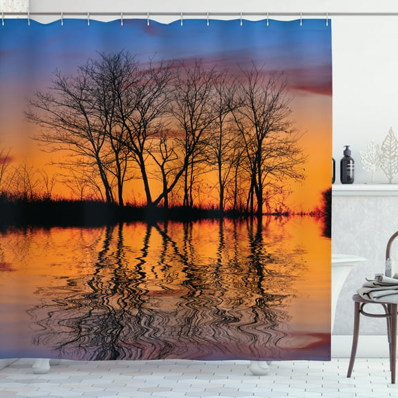 Nature Shower Curtain, Landscape from Mother Earth Sunset by the Lake with Fall Trees Forest Life Image, Fabric Bathroom Set with Hooks, 69W X 70L Inches, Multicolor, by Ambesonne
